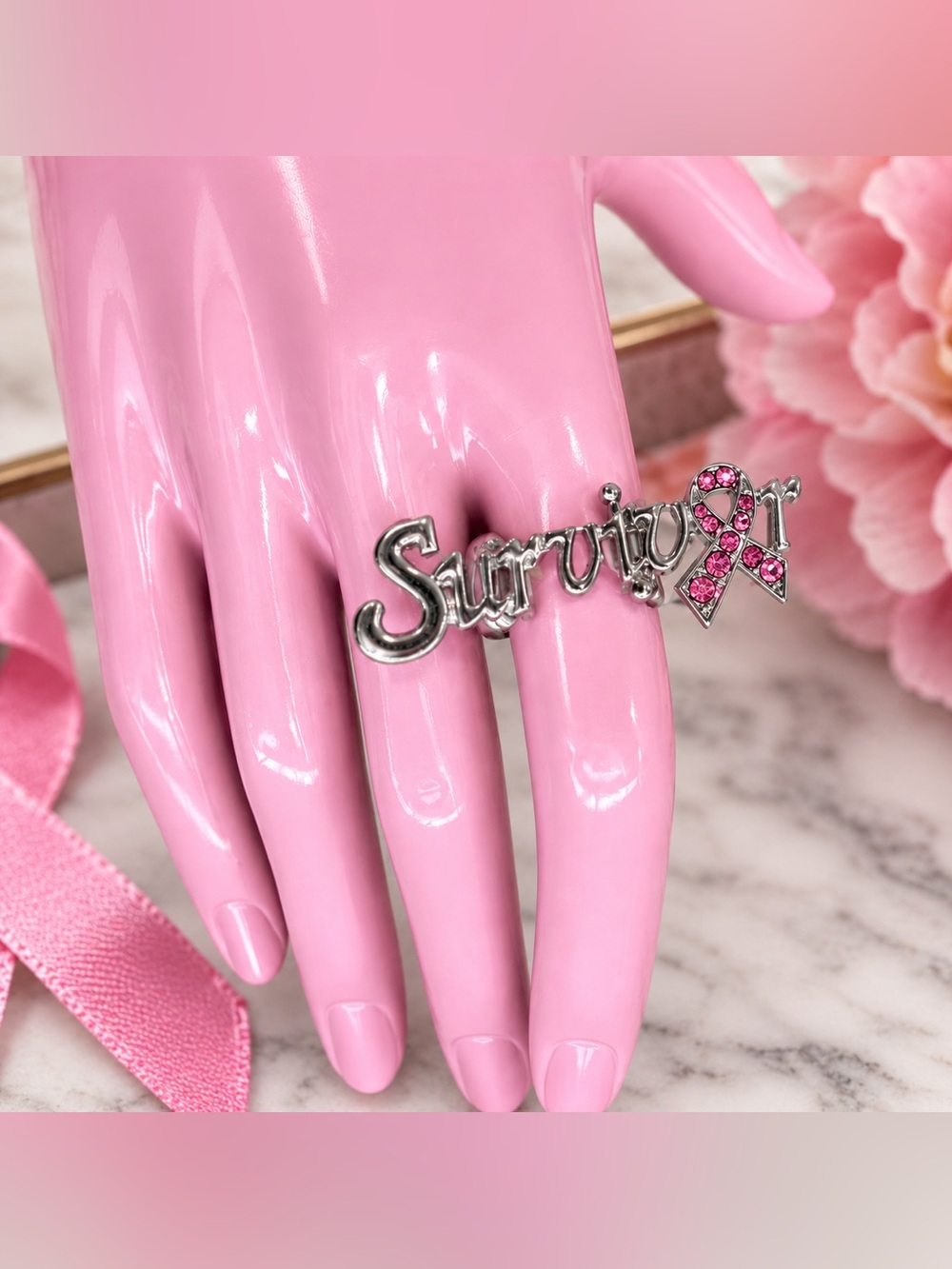 Breast Cancer‎ Survivor Pink Ribbon Jewelry Ring in Hematite Metallic